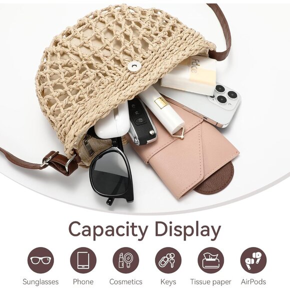 Straw Beach Bag Woven Crossbody Purse for Women Travel Summer Handbag - Picture 4 of 6